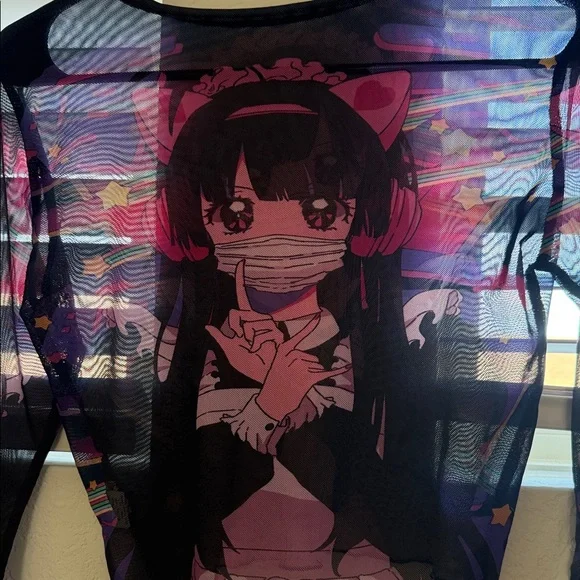 ROMWE Black and Pink Sheer anime Crop Top - Picture 4 of 8